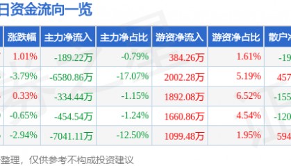 股票行情快报:天龙集团(300063)9月24日主力资金净卖出189.22万元