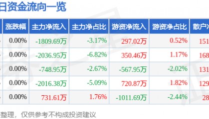 股票行情快报:永泰能源(600157)8月13日主力资金净卖出1809.69万元