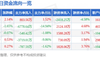 股票行情快报:南都电源(300068)7月24日主力资金净买入803.56万元