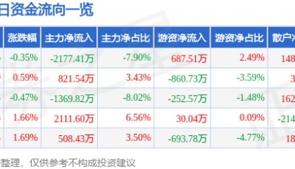 股票行情快报:天龙集团(300063)7月30日主力资金净卖出2177.41万元