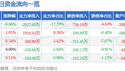 股票行情快报：大众交通（600611）10月27日主力资金净卖出2827.60万元