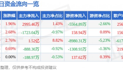 股票行情快报:永泰能源(600157)9月16日主力资金净买入2995.46万元
