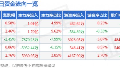股票行情快报:南都电源(300068)9月4日主力资金净买入1.01亿元