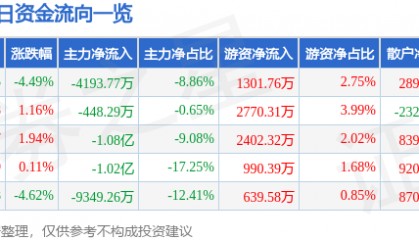 股票行情快报:天龙集团(300063)9月2日主力资金净卖出4193.77万元