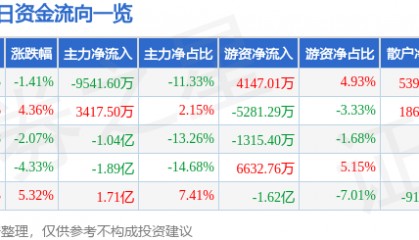 股票行情快报:南都电源(300068)8月12日主力资金净卖出9541.60万元
