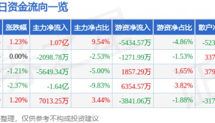 股票行情快报:永泰能源(600157)10月29日主力资金净买入1.07亿元
