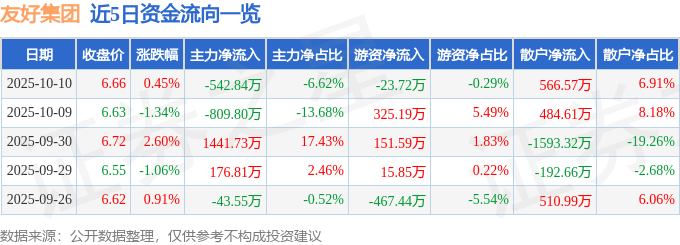 股票行情快报:友好集团(600778)10月10日主力资金净卖出542.84万元
