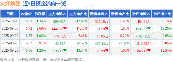 股票行情快报:友好集团(600778)10月9日主力资金净卖出809.80万元