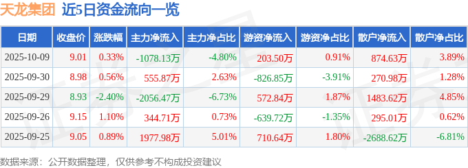 股票行情快报：天龙集团（300063）10月9日主力资金净卖出1078.13万元
