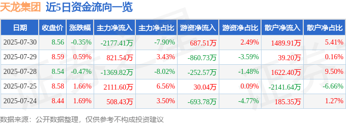 股票行情快报:天龙集团(300063)7月30日主力资金净卖出2177.41万元