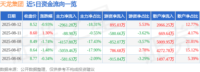 股票行情快报:天龙集团(300063)8月12日主力资金净卖出2961.28万元