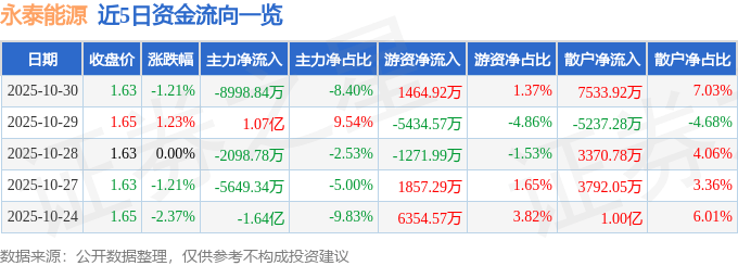 股票行情快报:永泰能源(600157)10月30日主力资金净卖出8998.84万元